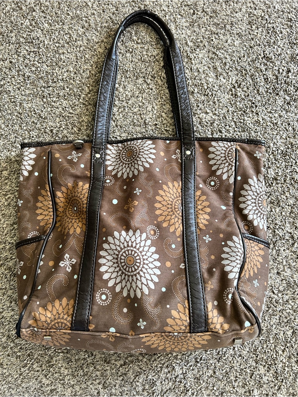 thirty-one Brown Cindy Tote Floral Patterned Tote with Dark Handles